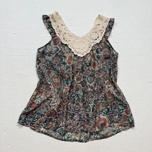 Lily White Sheer Floral Crochet Trim Boho Tank Top, Size Large